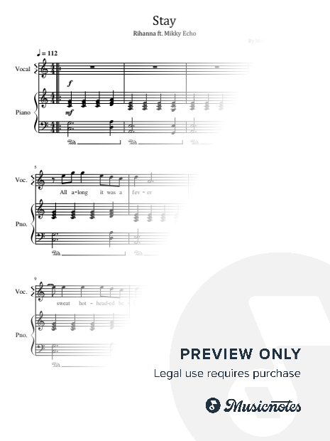 Stay, Rihanna ft. Mikky Echo, for Piano & Vocals With Lyrics Chords