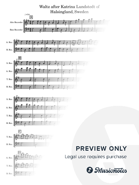 Swedish Waltz after Katrina Lundstedt for Recorder Quartet