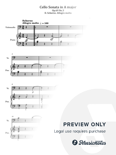 Beethoven, Cello Sonata in A Major, Op.69 No.3 II. Scherzo. Allegro molto, for Piano and Cello