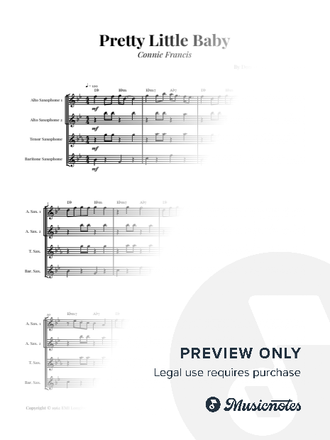 Pretty Little Baby by Connie Francis | SAX QUARTET (AATB) (with Chords)