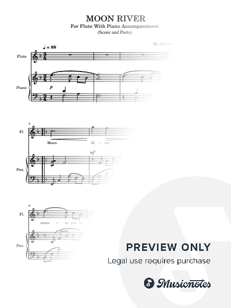 Moon River, Henry Mancini, for Flute and Piano, Score and Parts