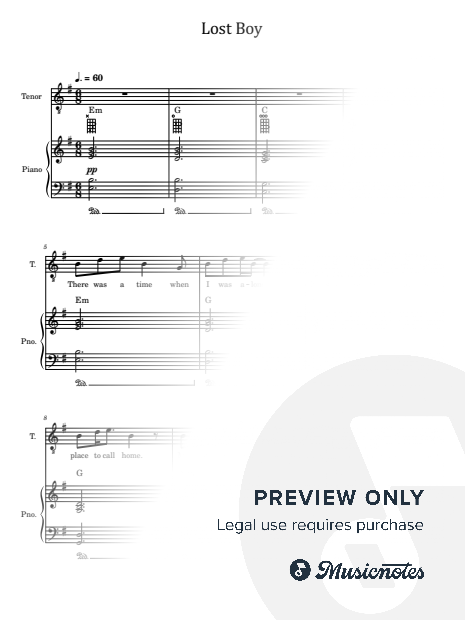 Lost Boy, Ruth B, for Piano and Vacol With Lyrics and Chords