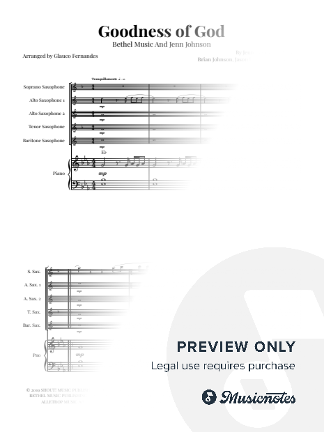 Goodness of God - SAXOPHONE QUINTET & PIANO WITH CHORDS