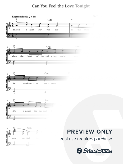 Can You Feel The Love Tonight, for Easy Piano With Lyrics and Chords