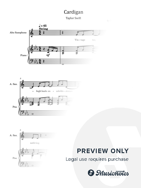 Cardigan, Taylor Swift, for Alto Saxophone and Piano