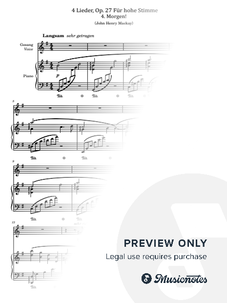 Richard Strauss, 4 Lieder, Op. 27, No.4, Morgen! for Piano and Vocal Original With Lycris
