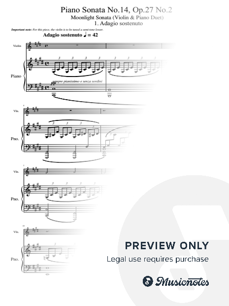Beethoven, Piano Sonata No.14, Op.27 No.2, "Moonlight" Mov 1,  (Violin & Piano) Original