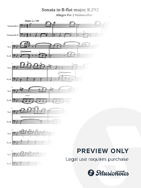 Mozart, Sonata in B-flat major, K.292 I.Allegro, for 2 Cellos Original Score and Parts