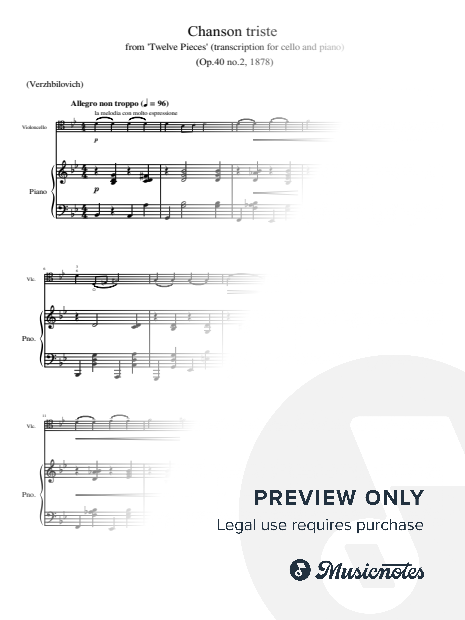 Tchaikovsky, Chanson triste (for Cello and Piano) Op.40 No.2 (1878) Original (Verzhbilovich)
