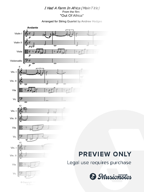 Out of Africa (Main Theme) arr. STRING QUARTET by Andrew Hodges