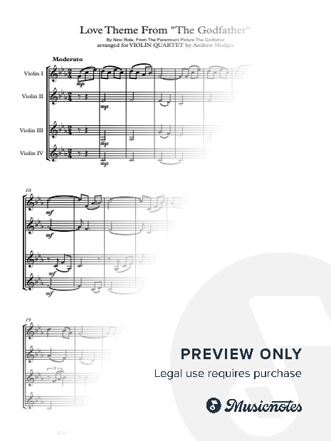 The Godfather (Love Theme) arranged for VIOLIN QUARTET by Andrew Hodges