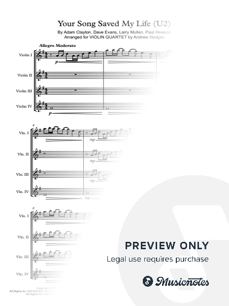 Your Song Saved My Life (U2) for VIOLIN QUARTET by Andrew Hodges