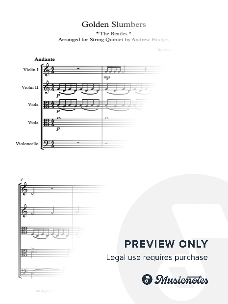 Golden Slumbers (The Beatles) for STRING QUINTET by Andrew Hodges