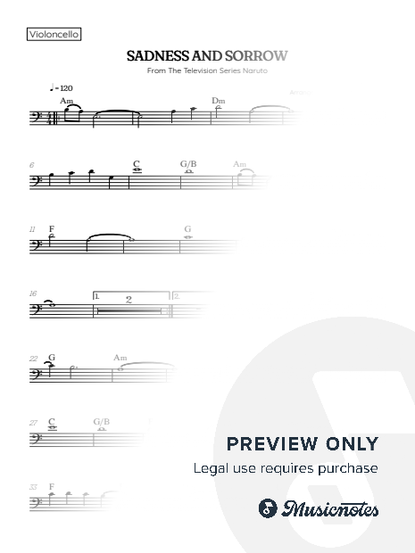 Sadness and Sorrow from Naruto | cello sheet music with chords
