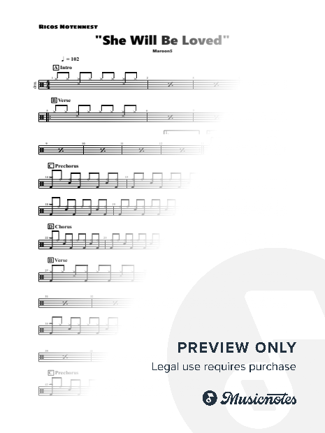 She Will Be Loved by Maroon 5 - Drum Sheet