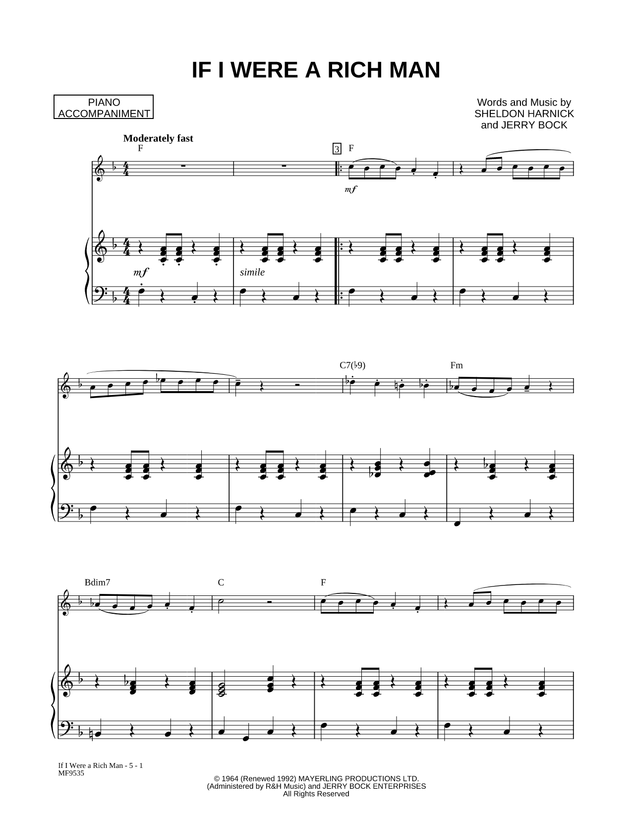 If I Were a Rich Man - Piano Accompaniment