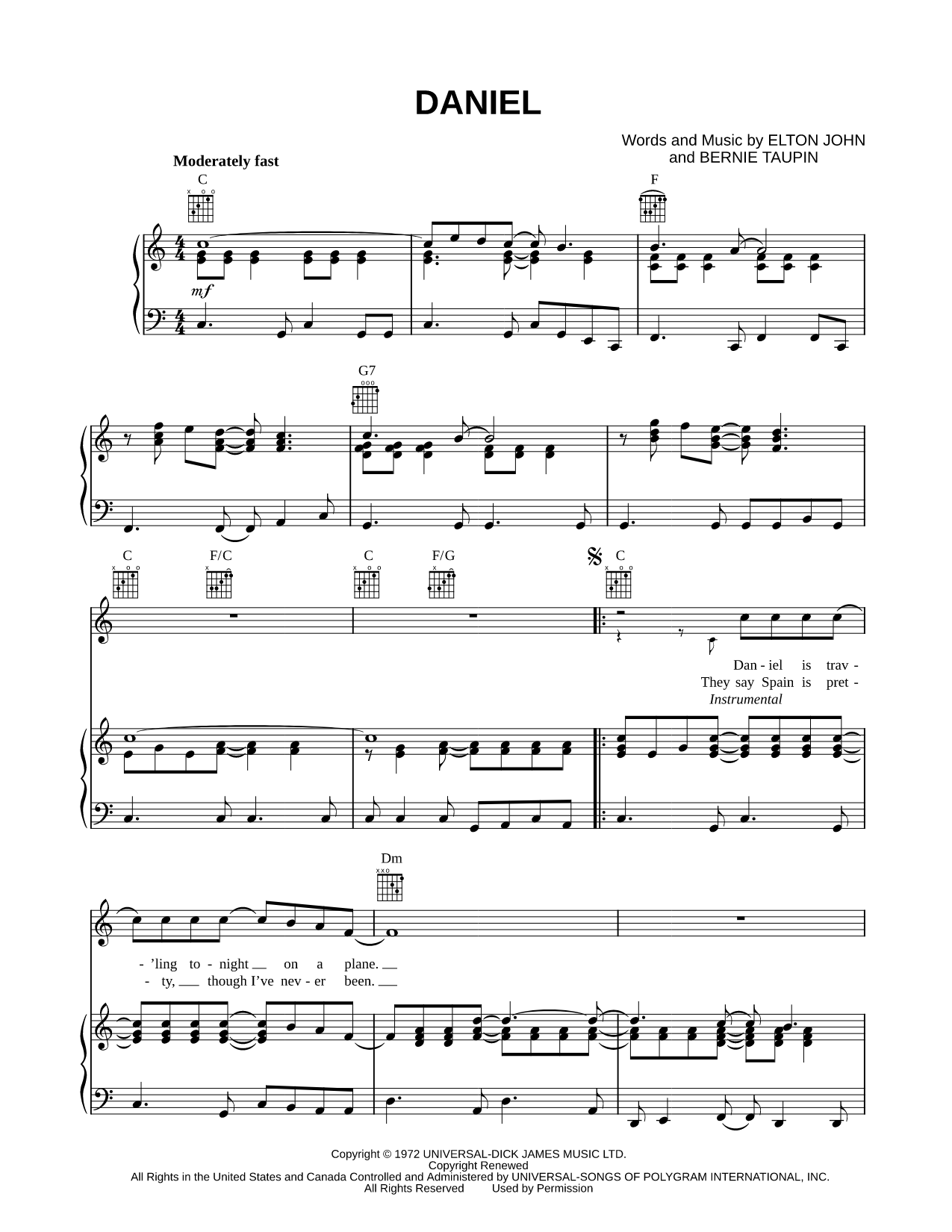 Daniel Sheet Music — Piano/Vocal/Guitar