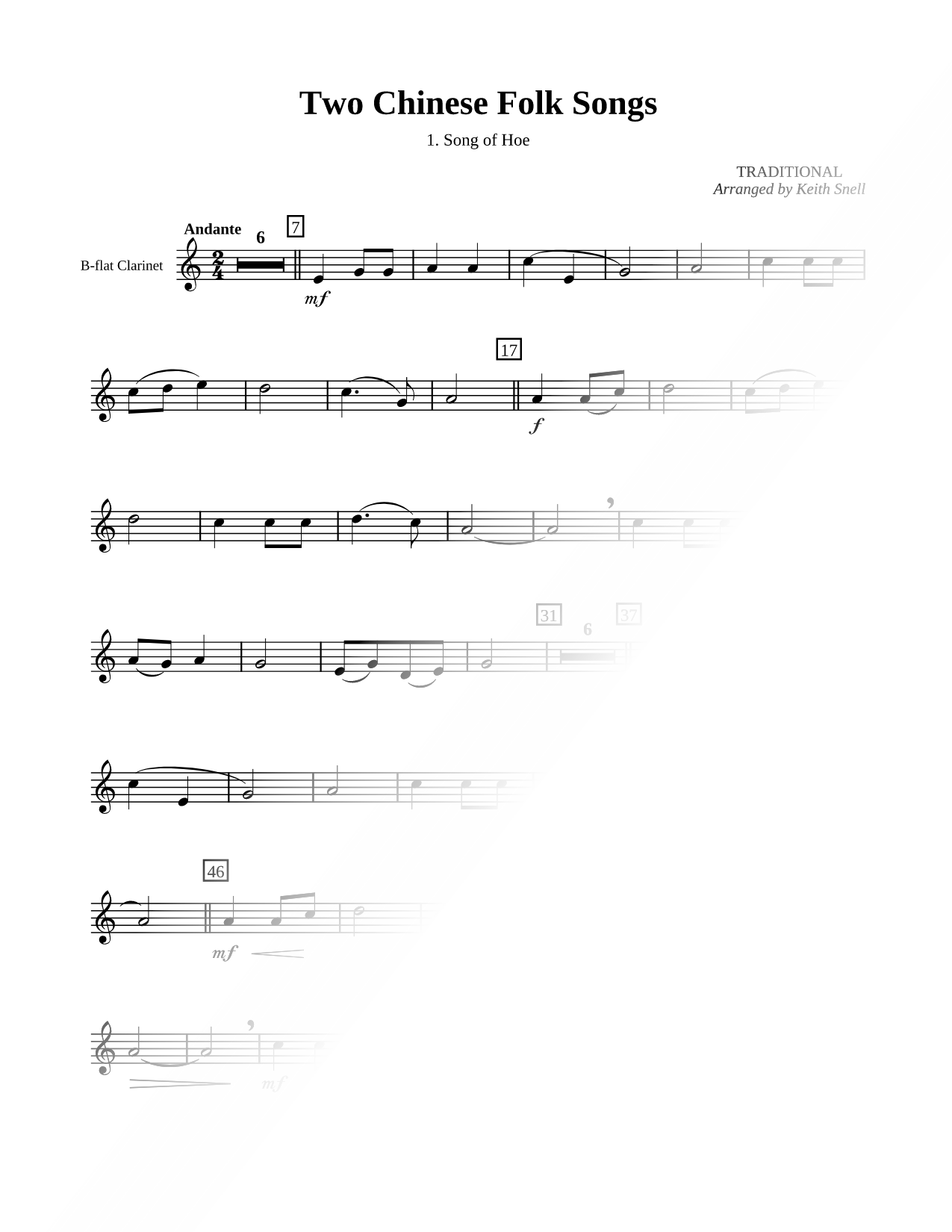 Three Chinese Folk Songs: 1. Song of Hoe - Clarinet part