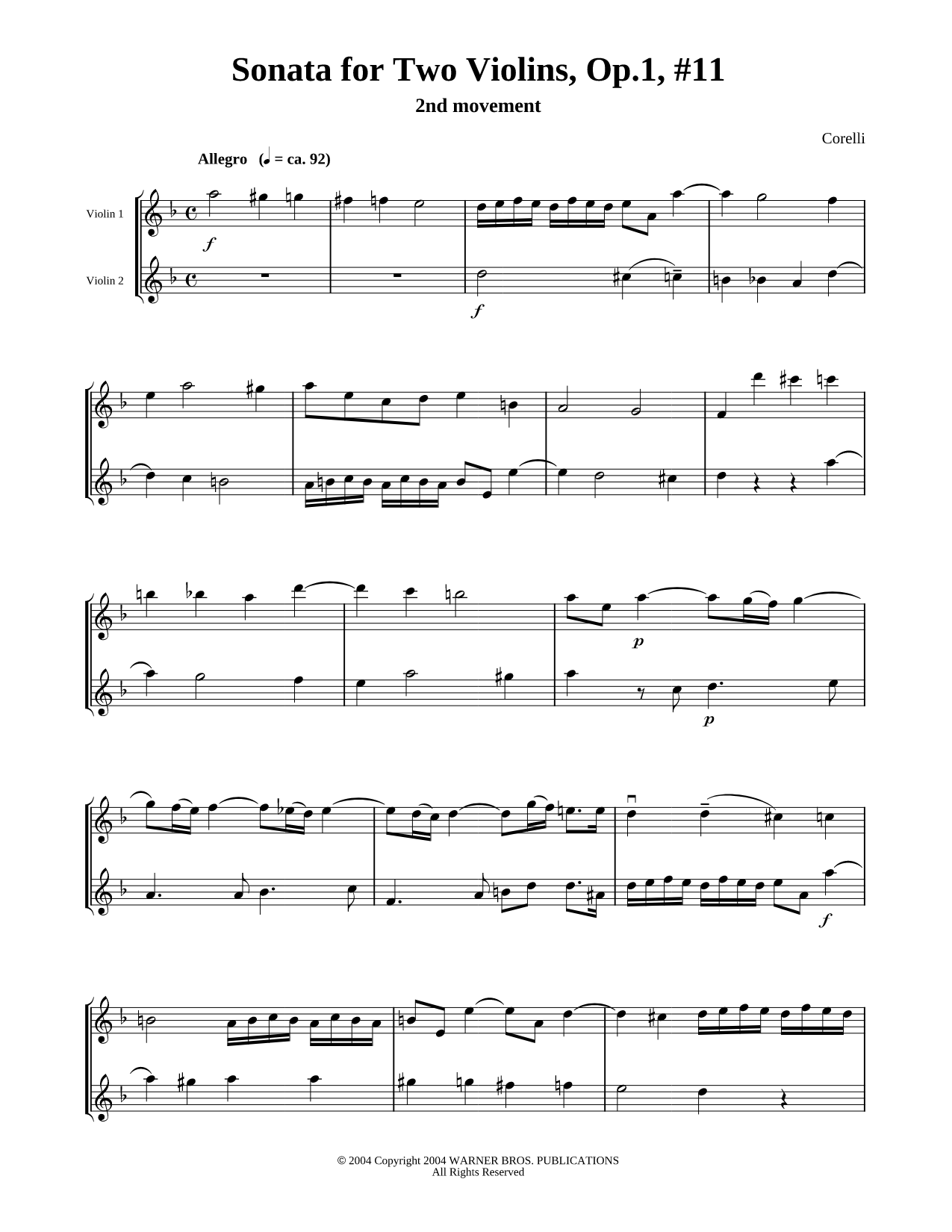 Sonata for Two Violins, Op.1, #11