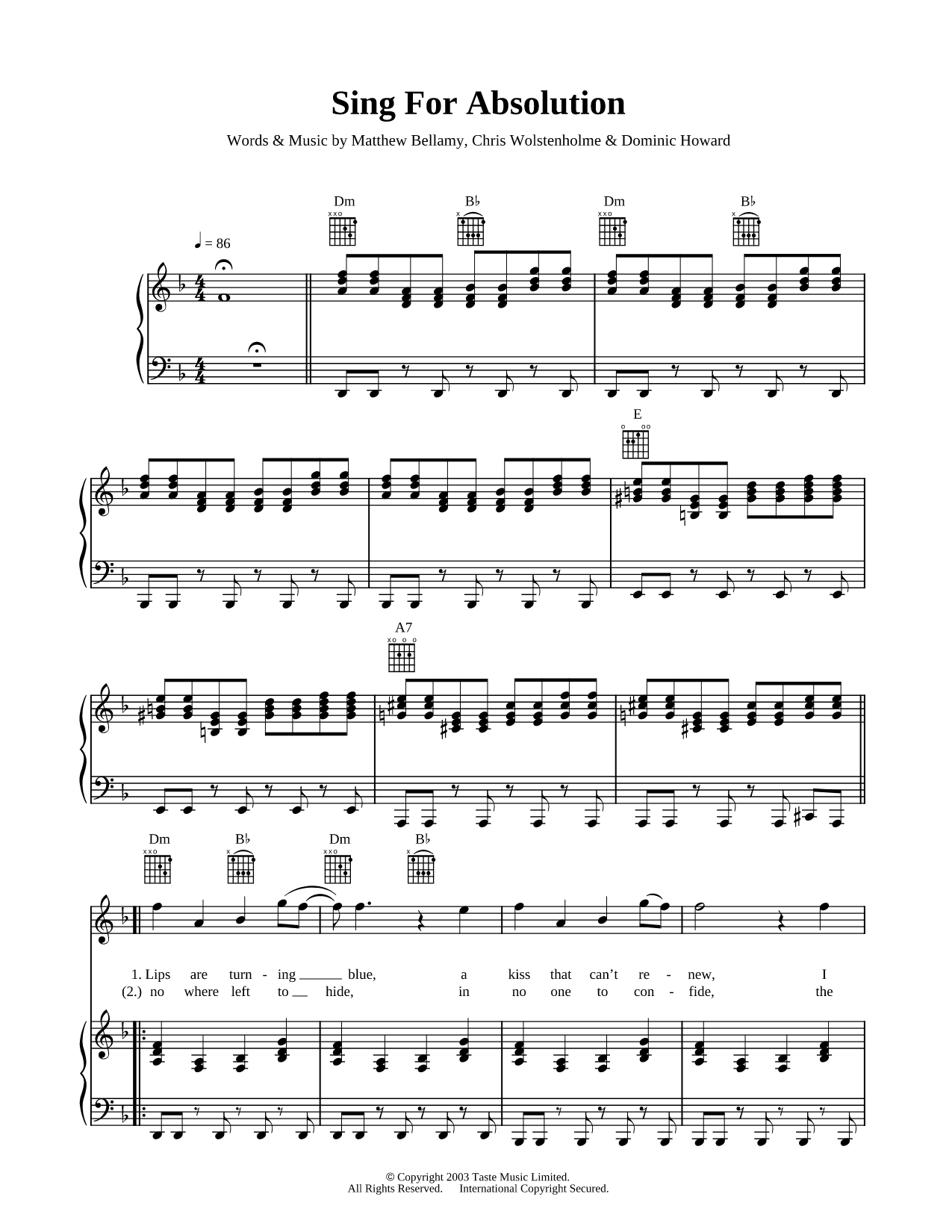 Sing for Absolution Sheet Music — Piano/Vocal/Guitar