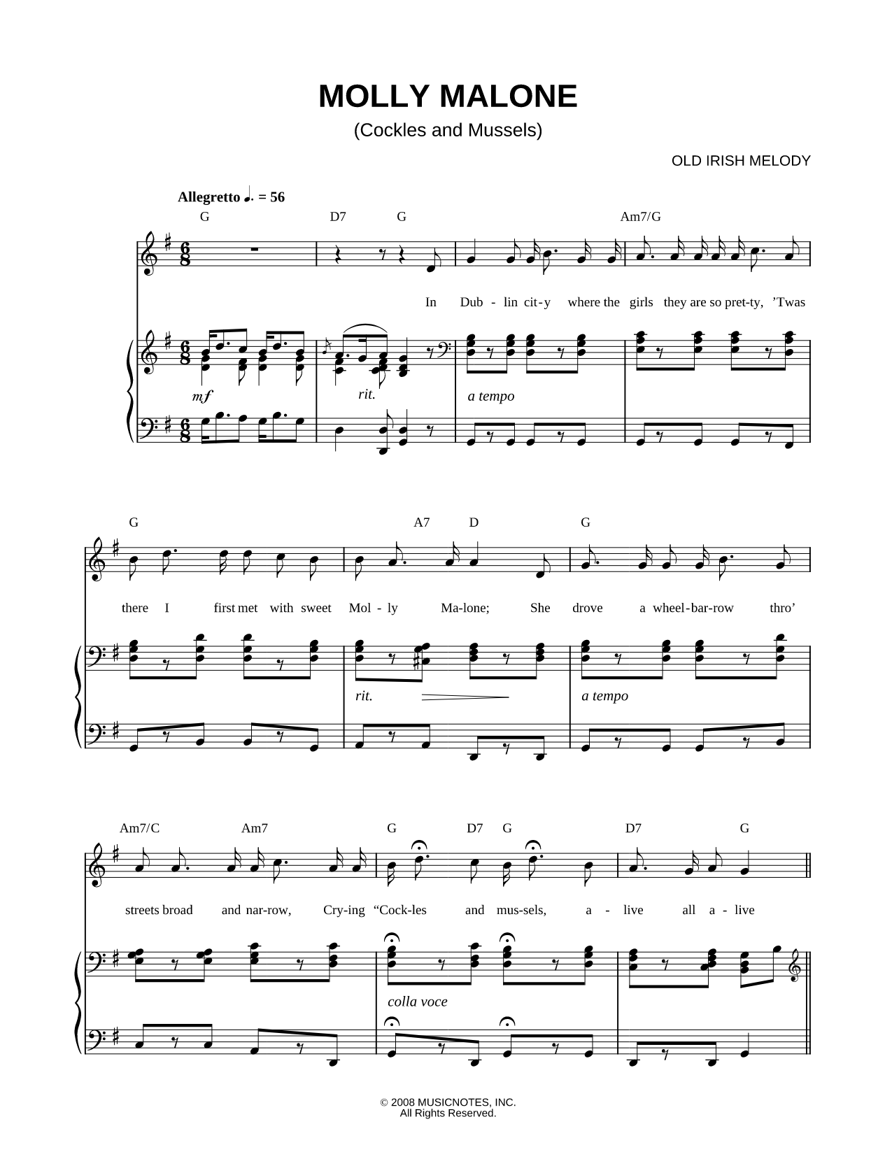 Molly Malone Sheet Music — Piano/Vocal/Chords, Singer Pro