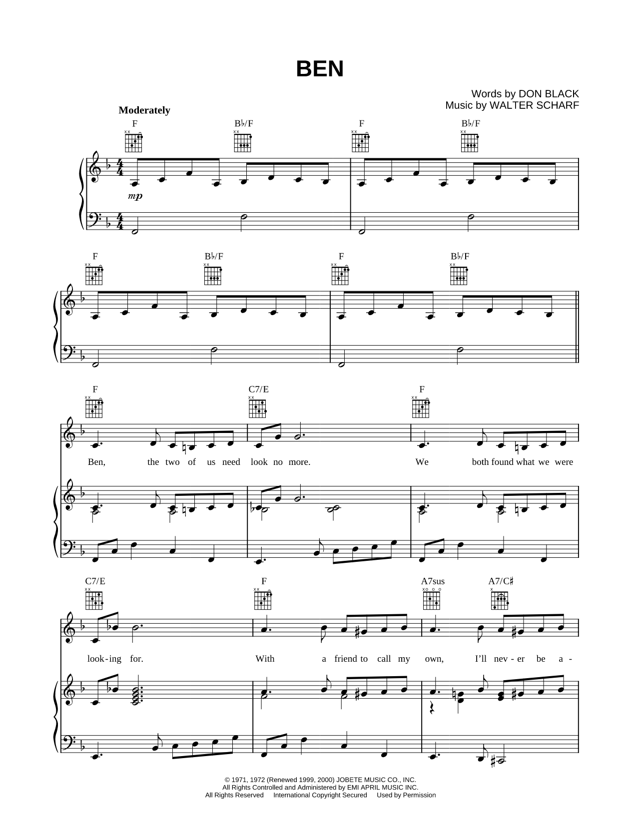 Ben Sheet Music — Piano/Vocal/Guitar
