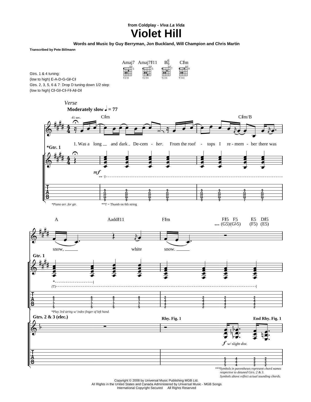 Violet Hill Sheet Music — Guitar Recorded Versions (with TAB), Guitar TAB Transcription