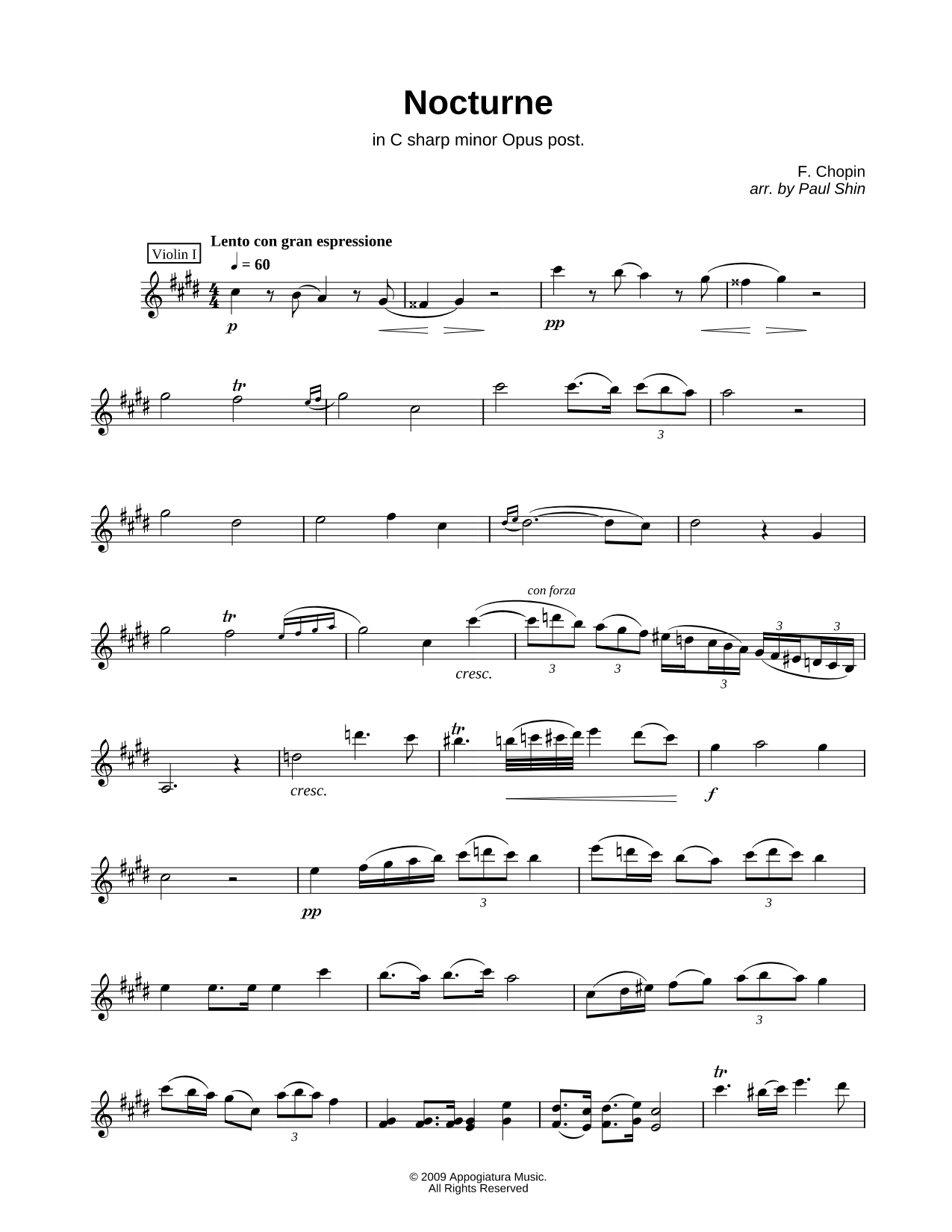 Nocturne in C# Minor, Opus post. for String Quartet - Violin 1