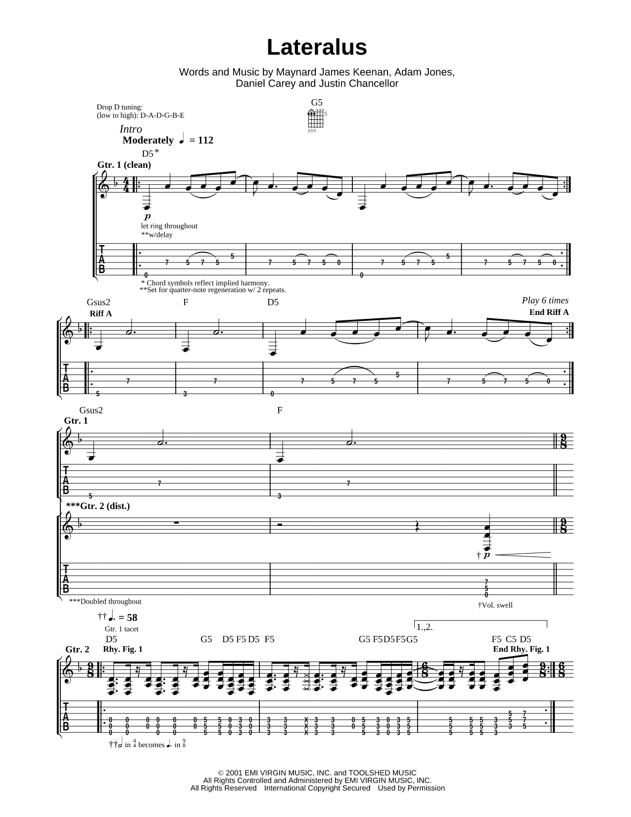 Lateralus Sheet Music — Guitar Recorded Versions (with TAB), Guitar TAB Transcription