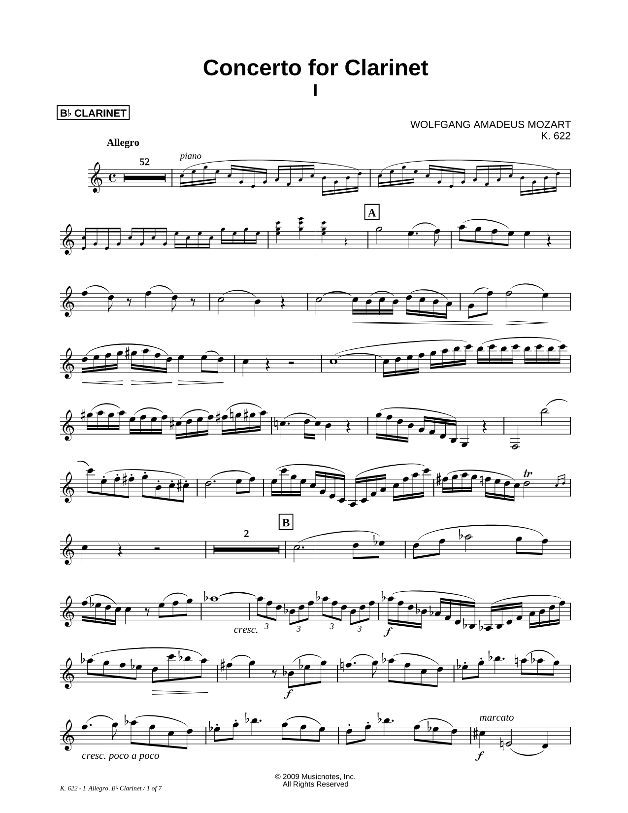 Concerto for Clarinet: I. Allegro - Clarinet Part