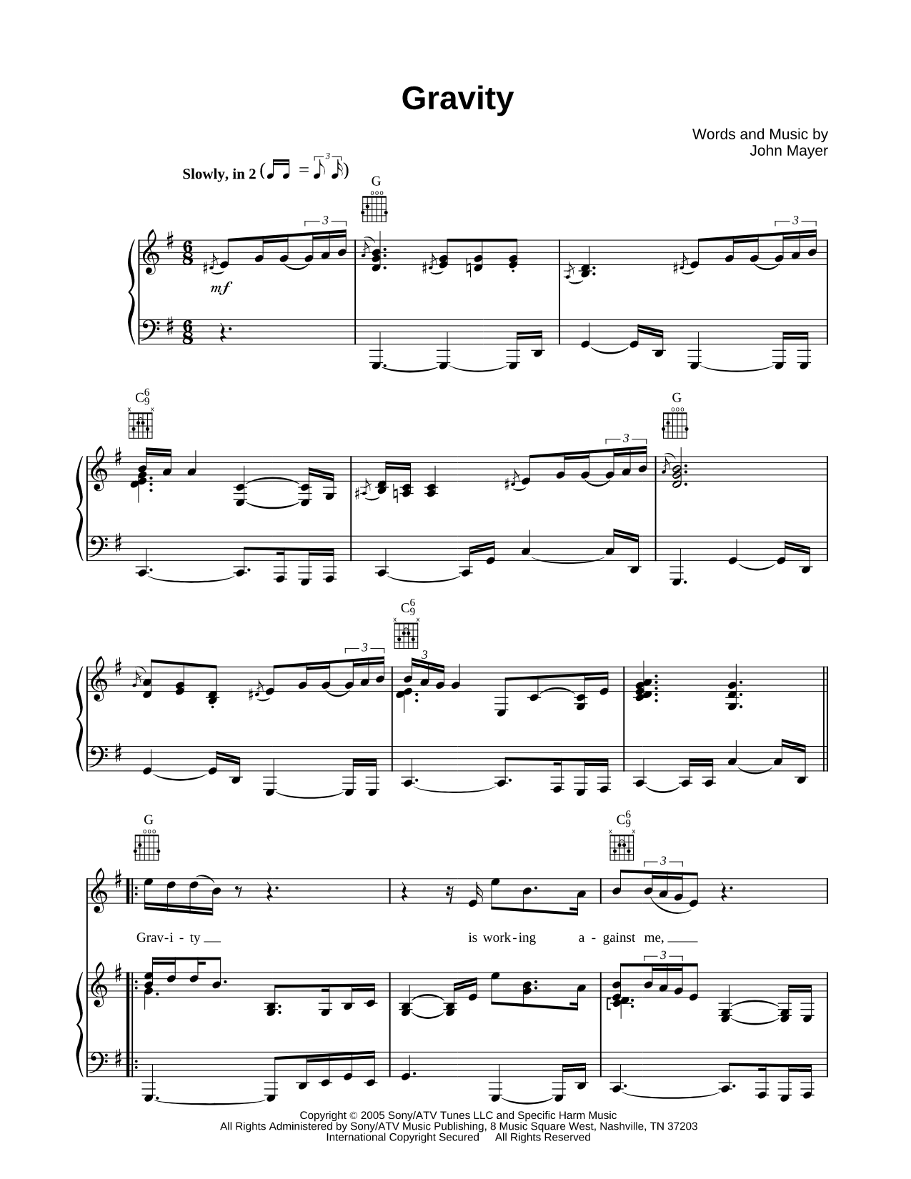 Gravity Sheet Music — Piano/Vocal/Guitar