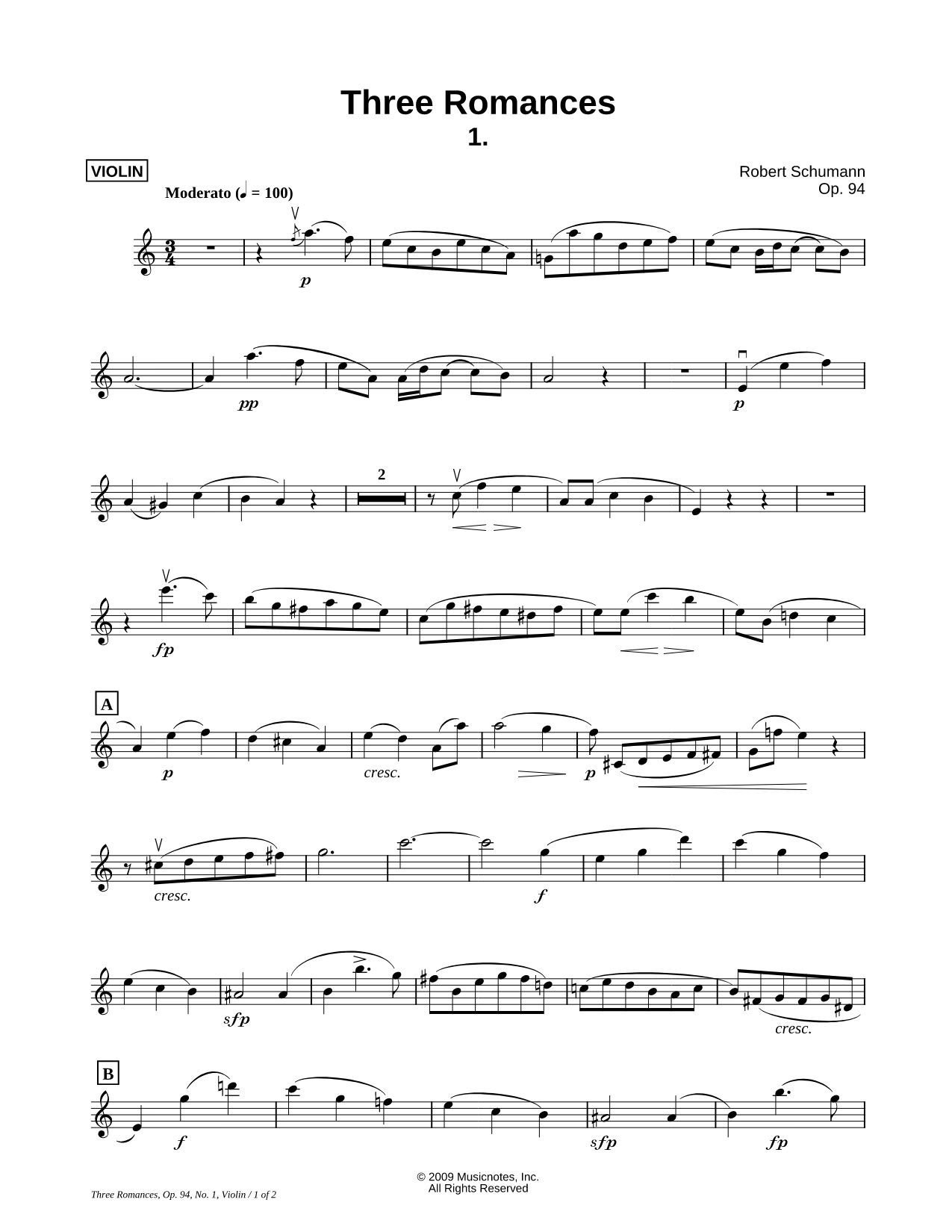 Three Romances, Op. 94, No. 1 - Violin Part