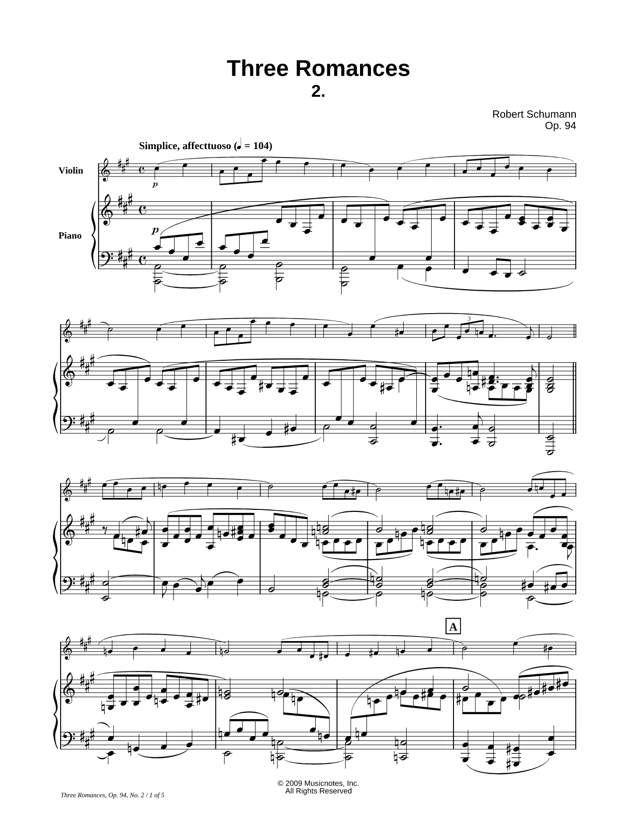 Three Romances, Op. 94, No. 2 - Piano Accompaniment (Violin)