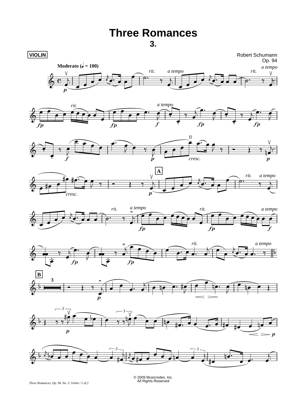 Three Romances, Op. 94, No. 3 - Violin