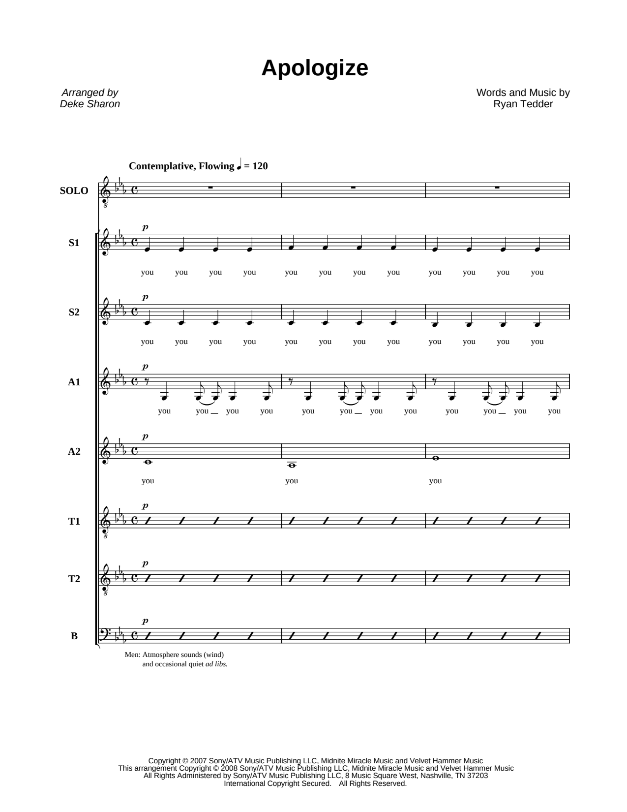 Apologize Sheet Music — SSAATB Choir A Cappella