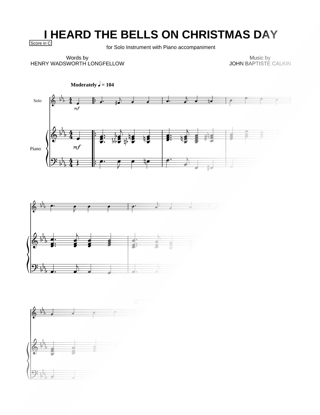 I Heard the Bells on Christmas Day - Piano Accompaniment