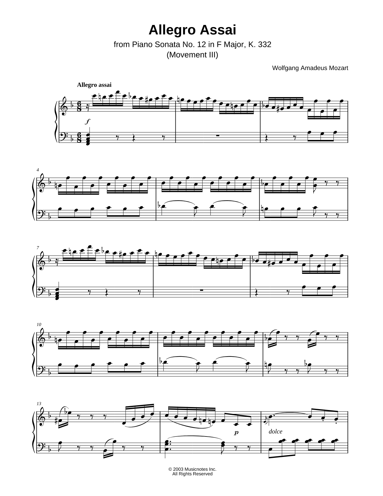 Piano Sonata No. 12 in F Major. K. 332: III. Allegro Assai