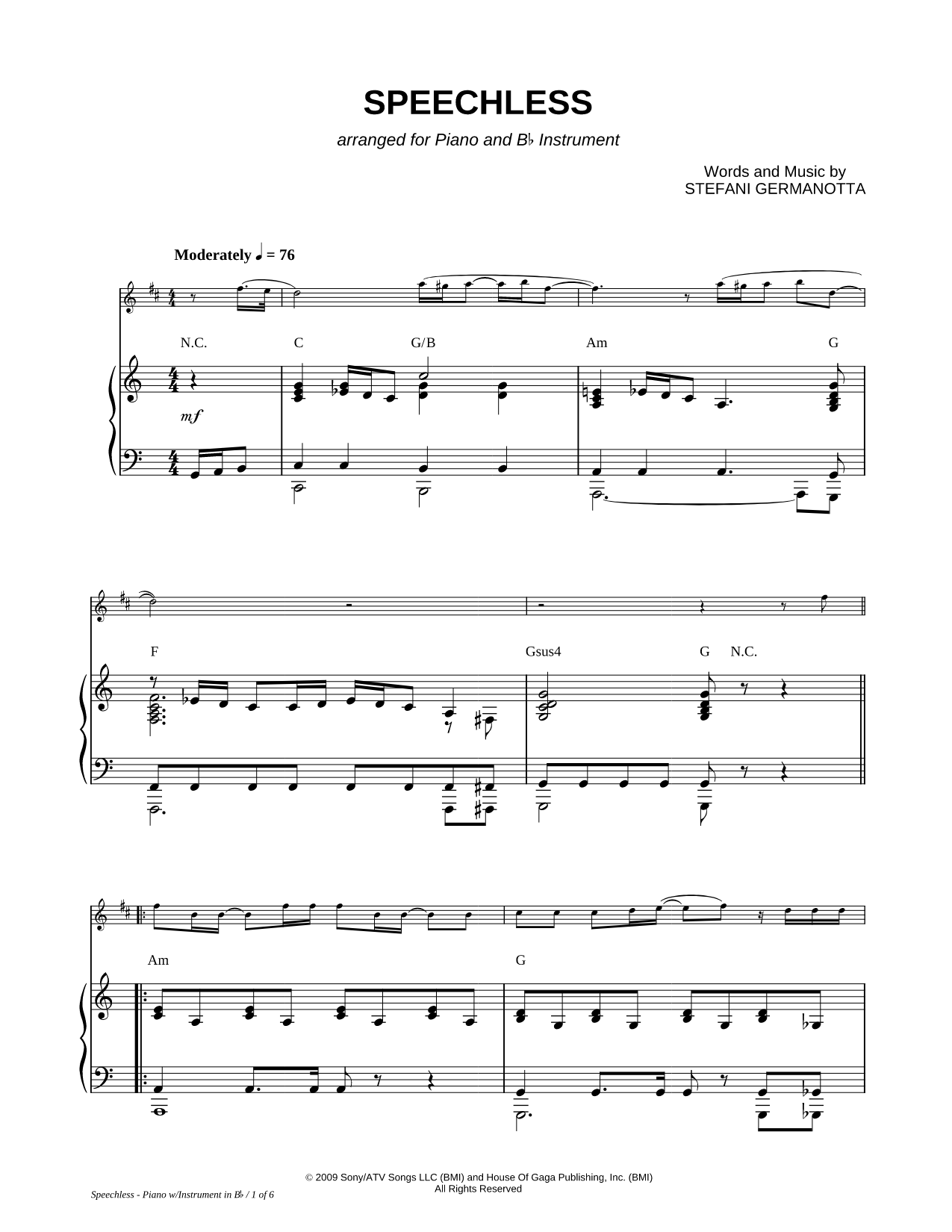 Speechless - Piano Accompaniment (Bb Instrument)
