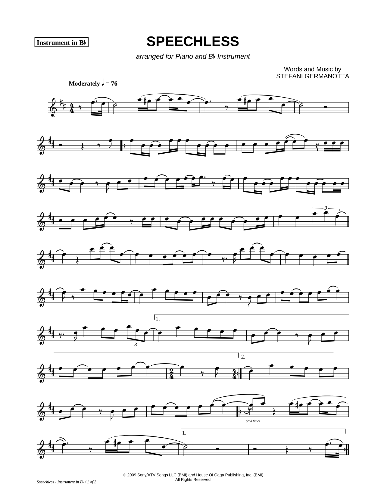 Speechless - Bb Instrument