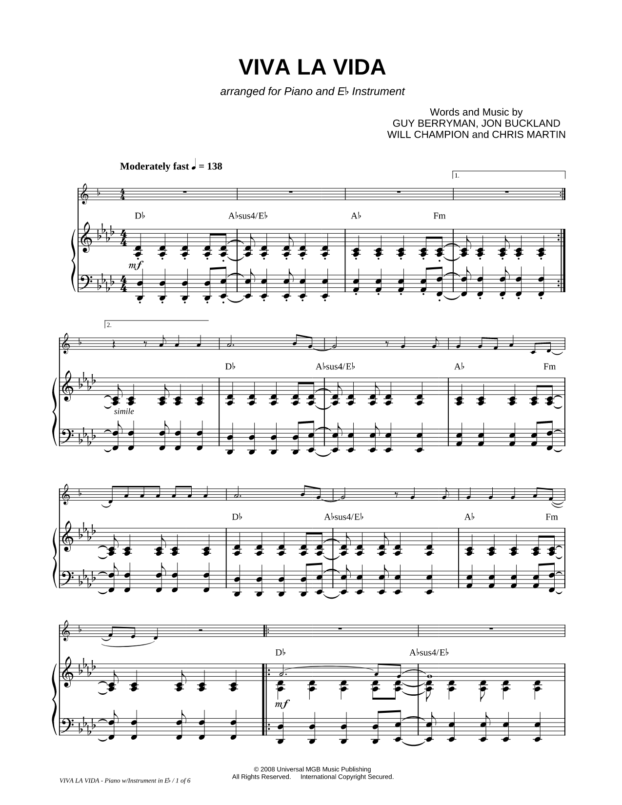 Viva la Vida - Piano Accompaniment (Eb Instrument)