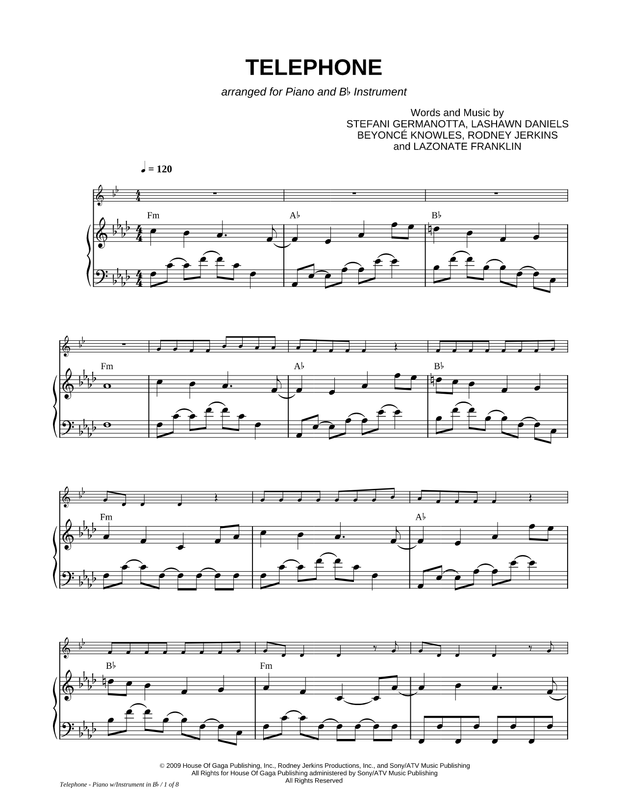 Telephone - Piano Accompaniment (Bb Instrument)