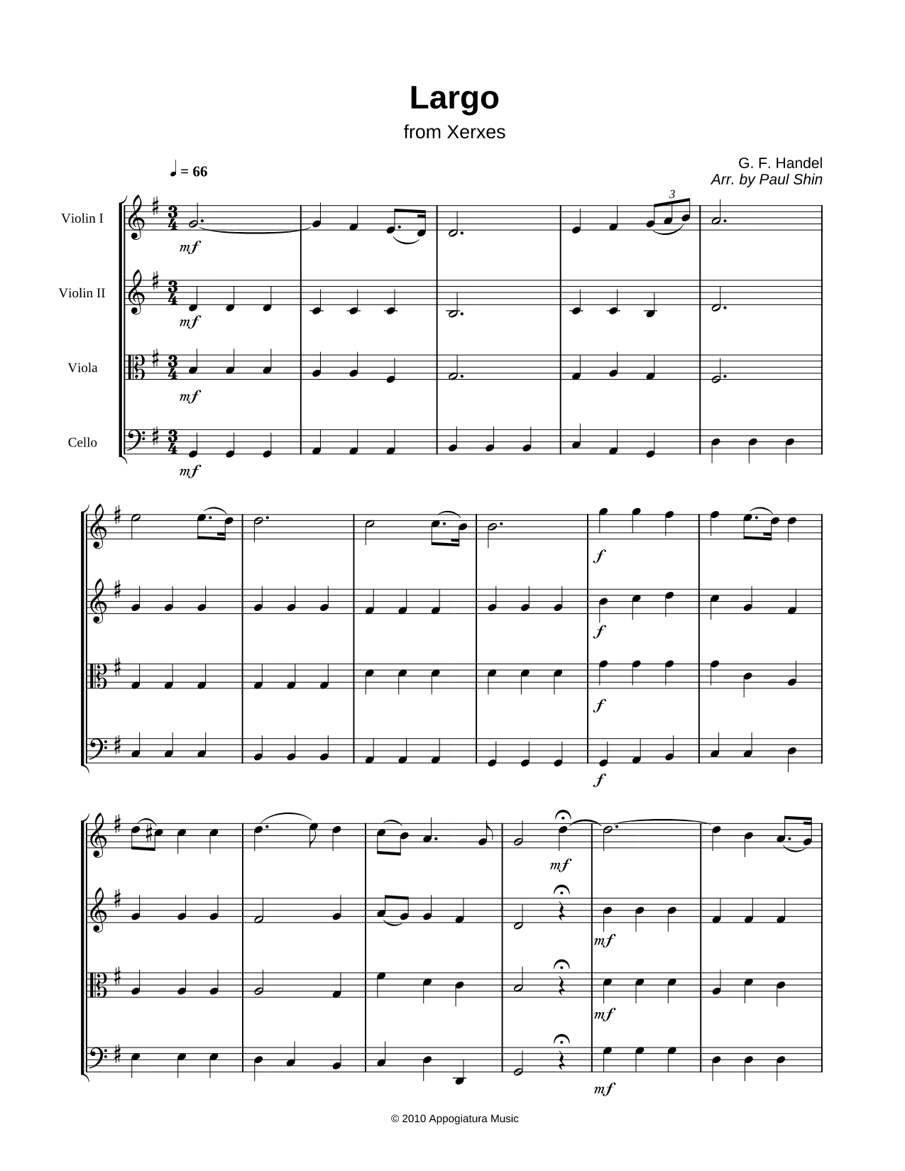 Largo from Xerxes - String Quartet Score