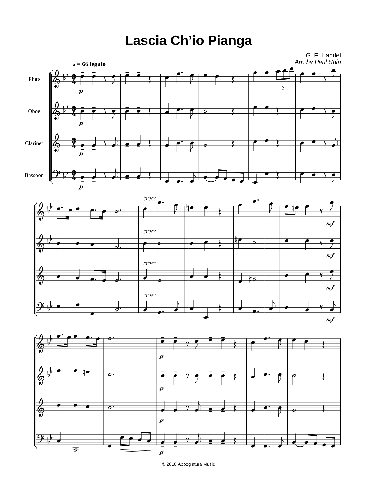 Lascia Ch'io Pianga - Score (Woodwind Quartet)