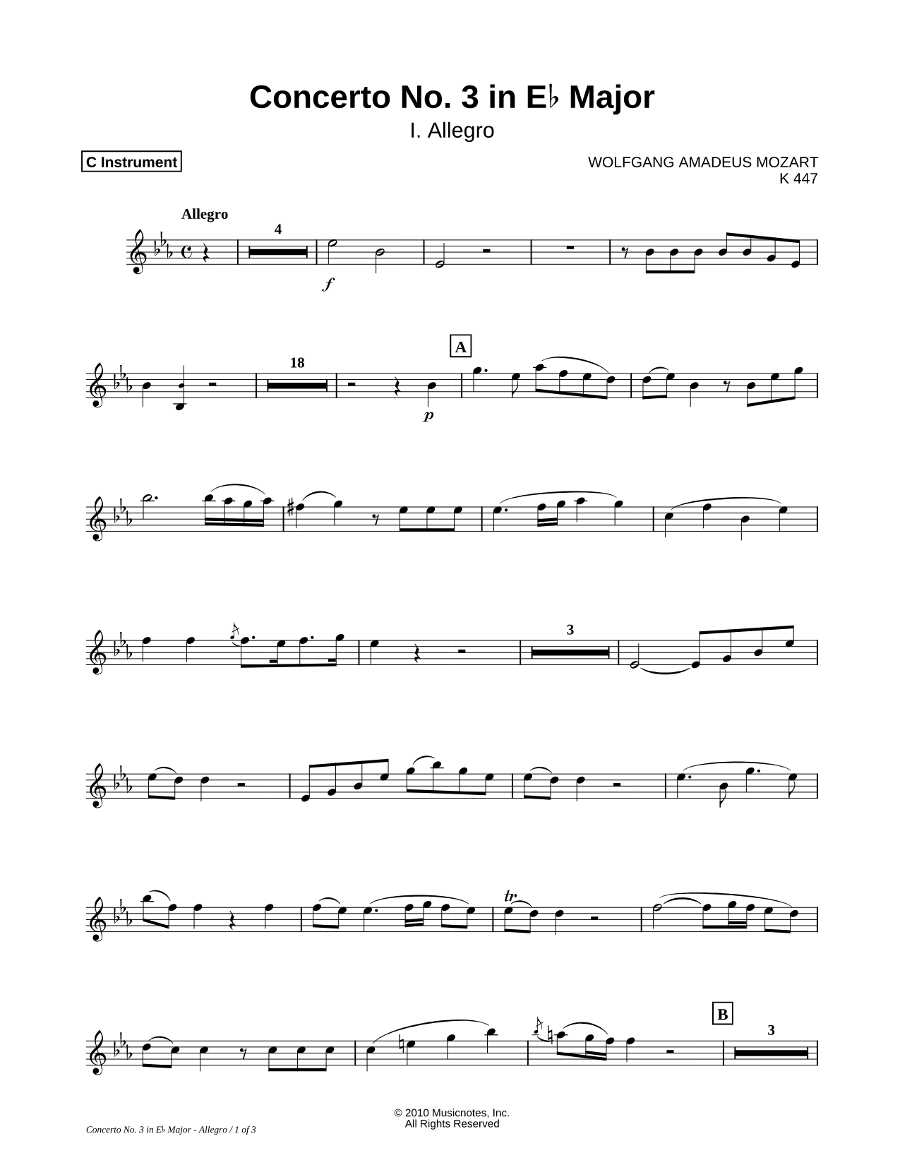 Horn Concerto No. 3 in Eb Major: I. Allegro - C Instrument (Solo Part)