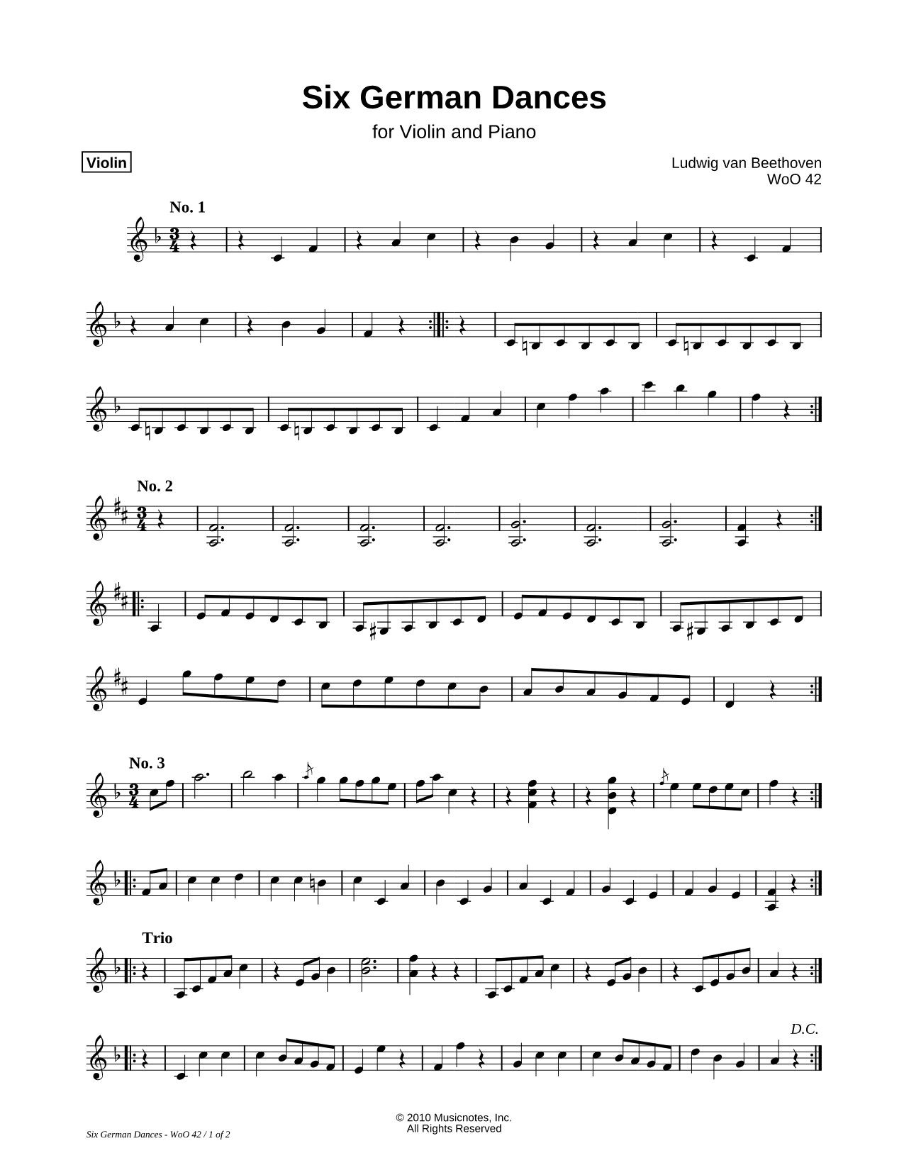 Six German Dances - Violin