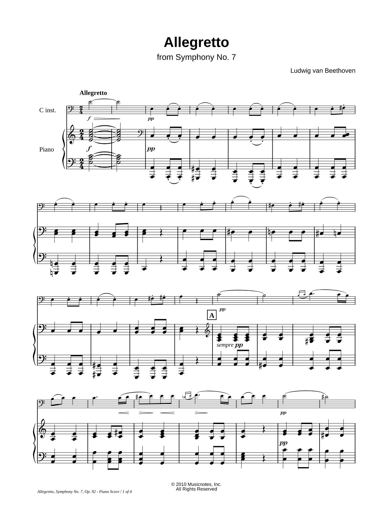 Allegretto from Symphony No. 7 - Piano Accompaniment (Bass Clef Instrument)