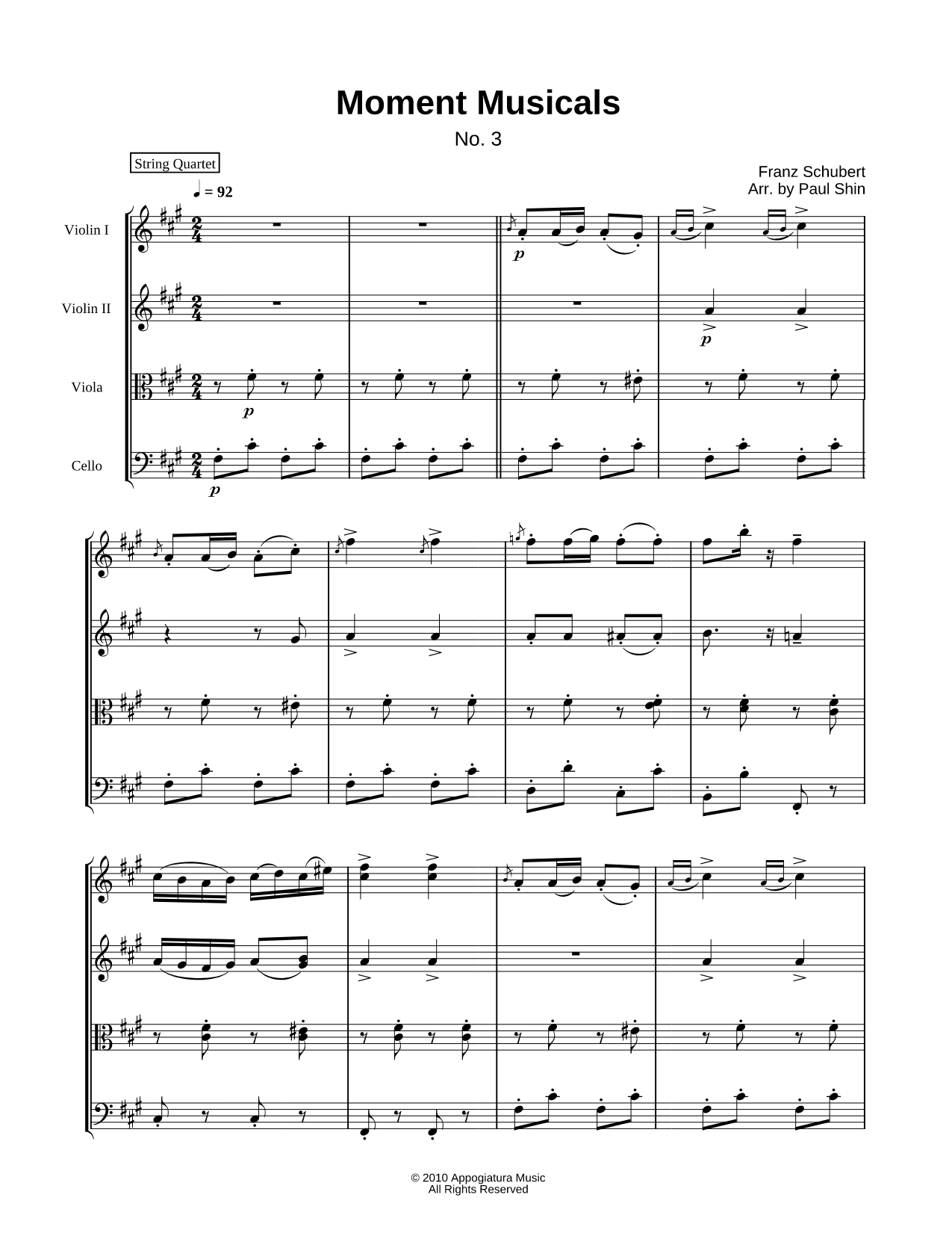 Moment Musical No. 3 - String Quartet Score