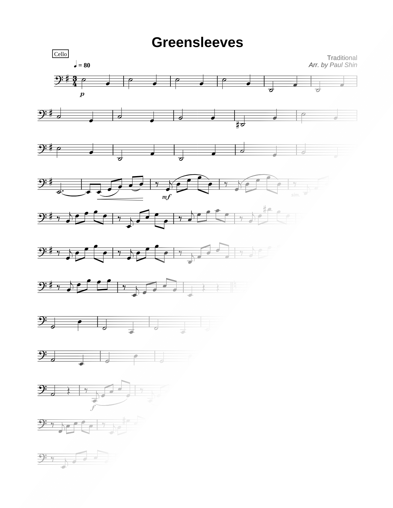 Greensleeves - Cello Part