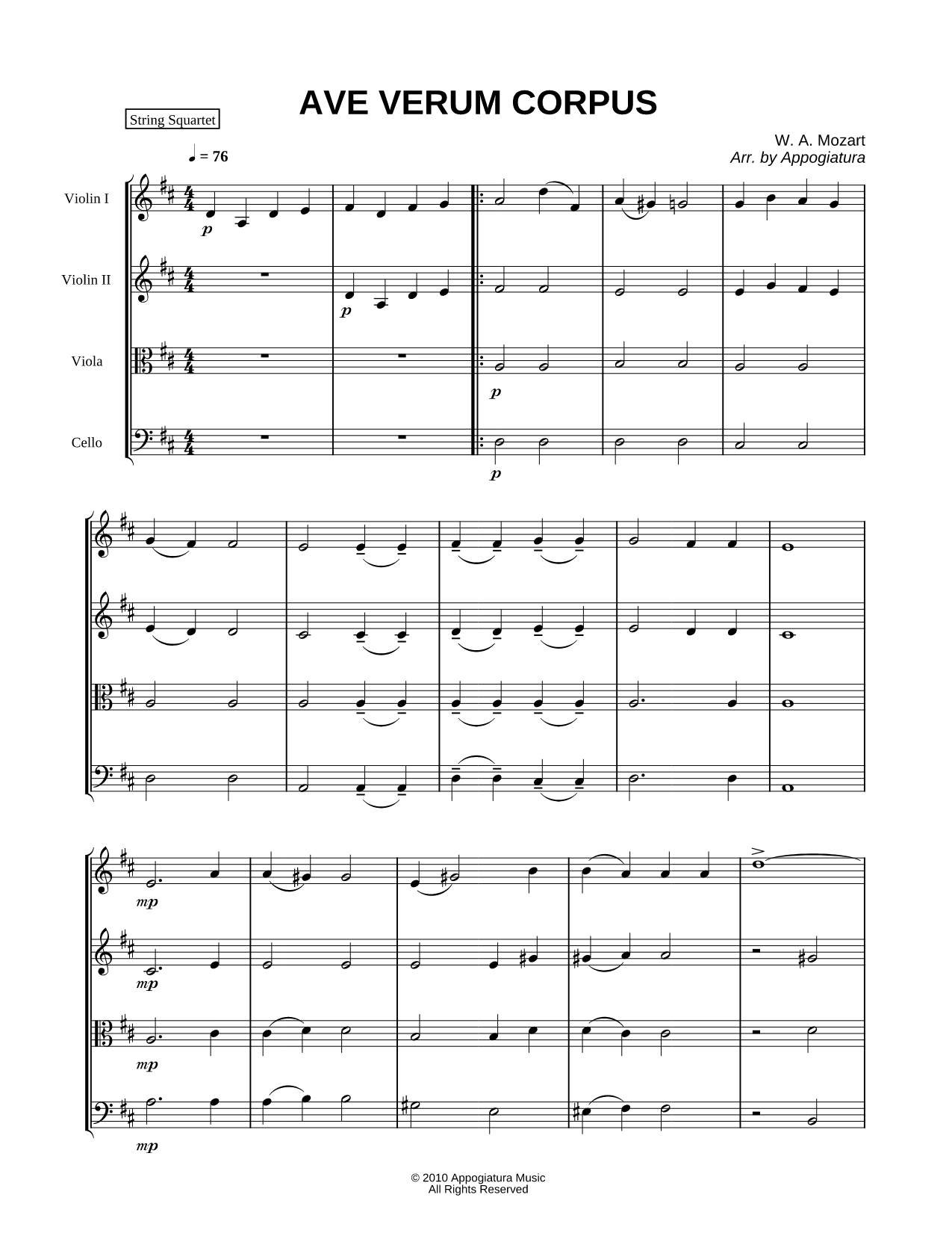 Ave verum corpus, K. 618 - Score (String Quartet)