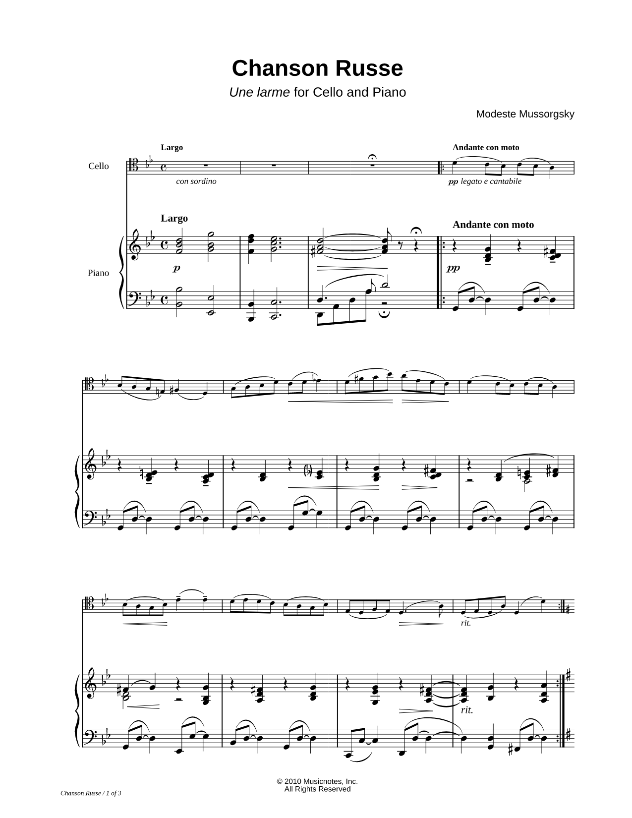 Chanson Russe - Piano Accompaniment (Cello)